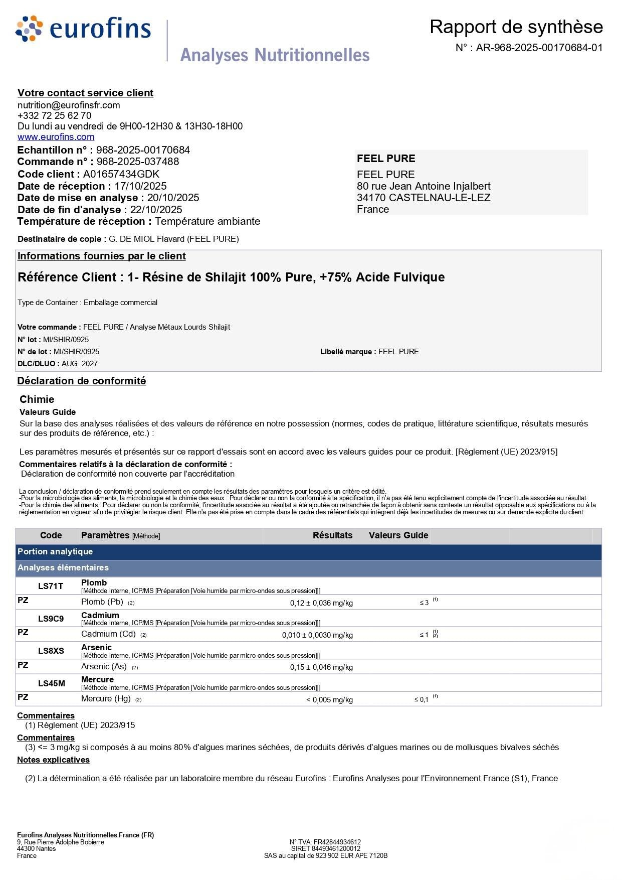 Résine de Shilajit Feel Pure 30g 100% pur 76,12% d'acide fulvique