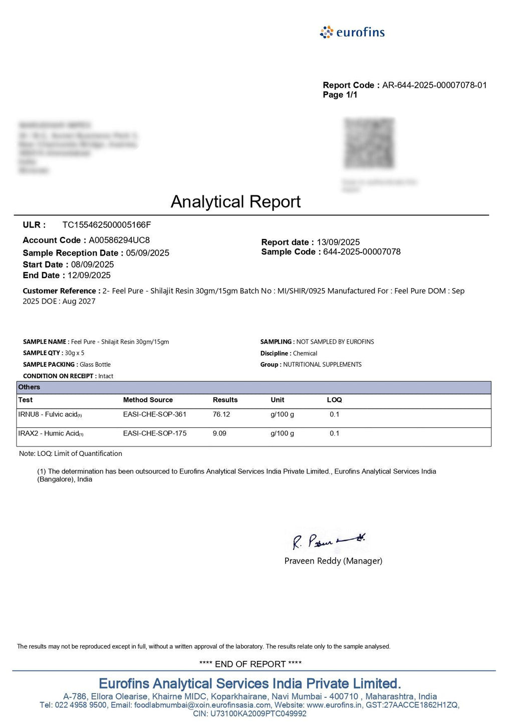 Résine de Shilajit Feel Pure 30g 100% pur 76,12% d'acide fulvique
