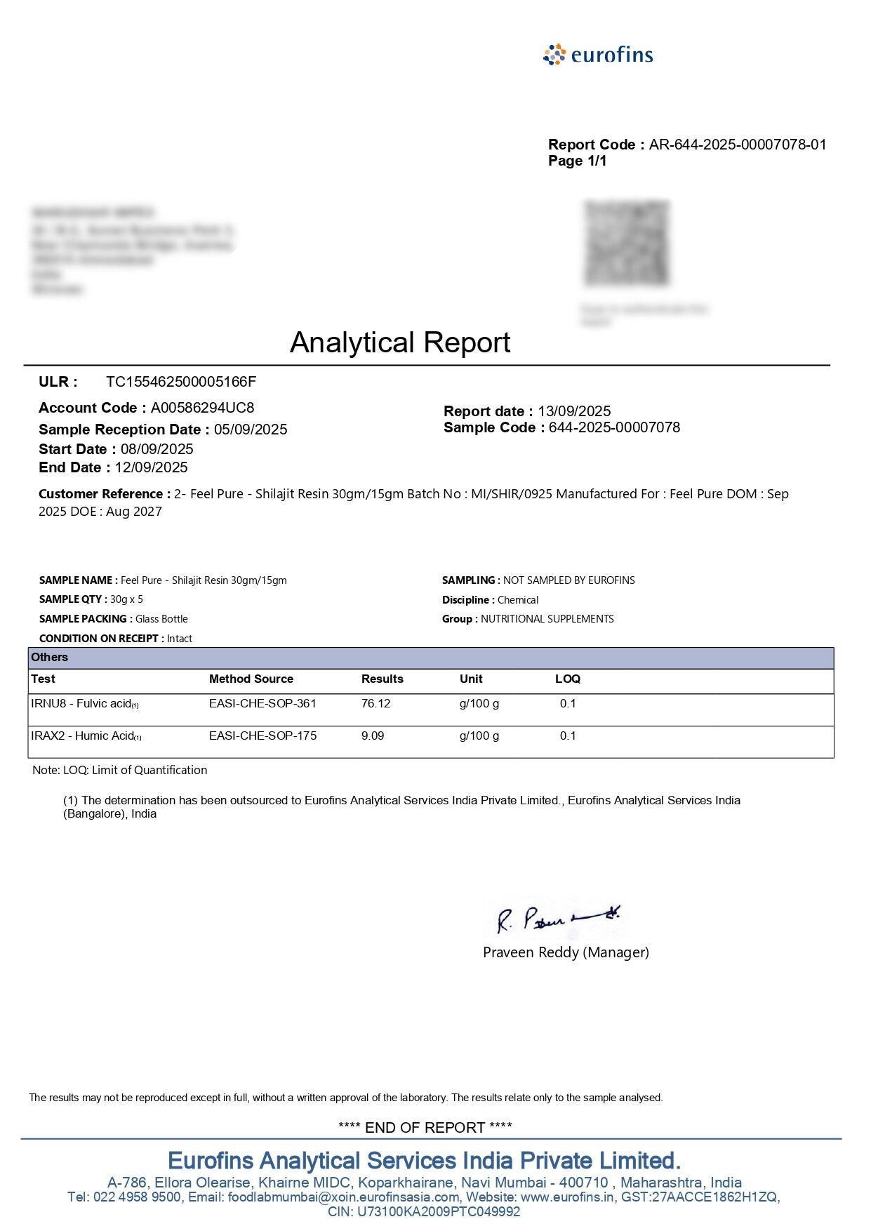 Résine de Shilajit Feel Pure 30g 100% pur 76,12% d'acide fulvique